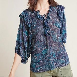Anthropologie Women Haida Peasant Floral print Blouse Top Blue Ruffle Lace Up XS